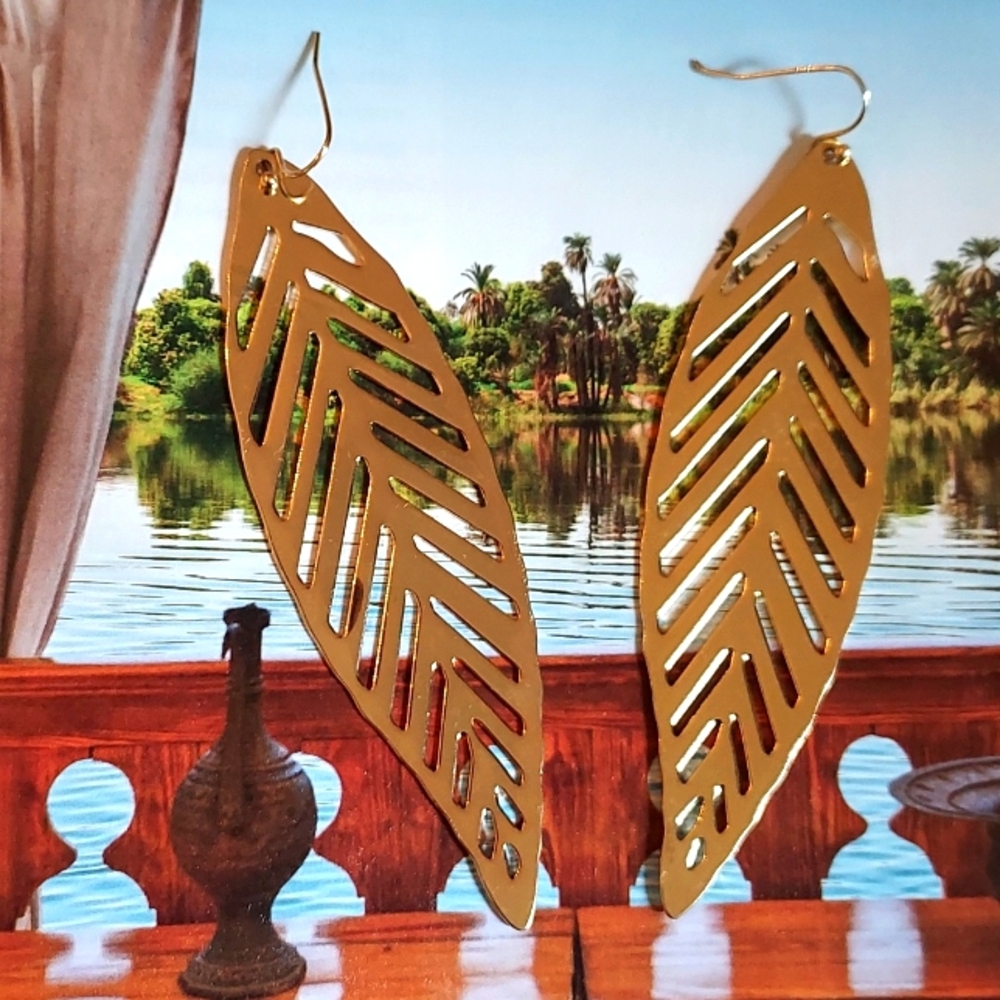 Tropical Exotic Tribal Boho Bohemian Gold Leaf Bold Statement Earrings
